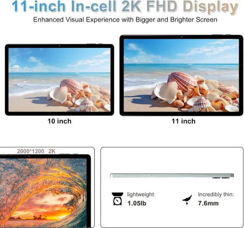Vista 5 de 2026 La última tableta Android de 11 pulgadas, 18 GB de RAM, 128 GB de ROM, expansión de 1 TB, pantalla 2K, T616 Octa-Core, WiFi 5G, cámara de 13