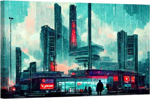 Vista 25 de LSIUHWUWI Future City Concept - Cuadro decorativo moderno para pared, impresión sobre lienzo Cyberpunk City Neon Streetview por la noche