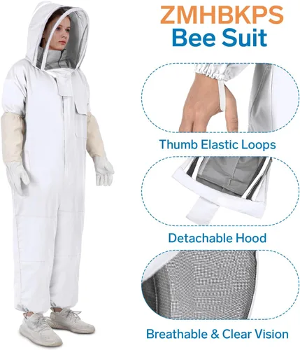 Vista 2 de Trajes de abeja para hombres y mujeres, a prueba de picaduras, traje de apicultura con guantes de apicultura y capucha de velo (blanco)