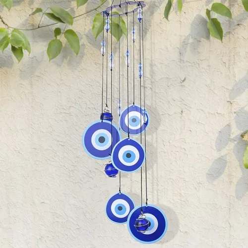Vista 6 de YU FENG Carillón de viento con ojo maligno azul para exteriores, adorno colgante de 19" de metal, campanillas de viento para jardín al aire libre