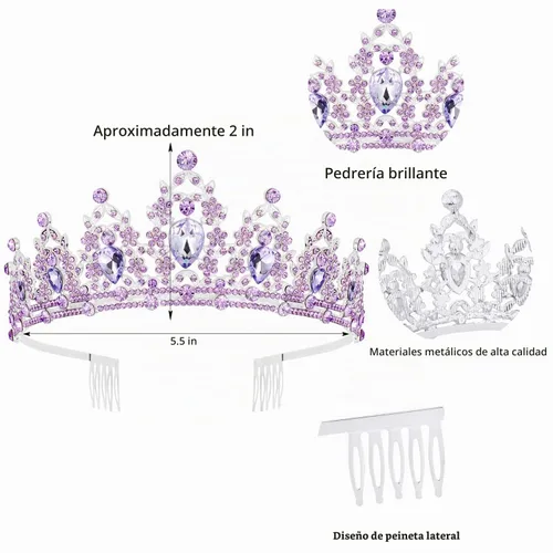 Vista 4 de SuPoo Kit de banda y corona de cumpleaños morada, tiara de princesa con peine, banda con purpurina para mujer, diadema de cristal para niñas