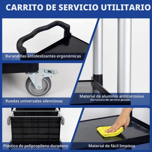 Vista 5 de UNICOO Carrito rodante de 3 niveles resistente, carrito de servicio con ruedas, capacidad de 550 libras, ruedas bloqueables y silenciosas Negro