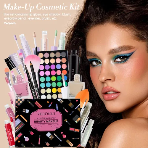 Vista 3 de Kit completo de maquillaje para mujer, kit de maquillaje todo en uno con sombra de ojos, delineador de ojos, cejas, brillo de labios, maquillaje