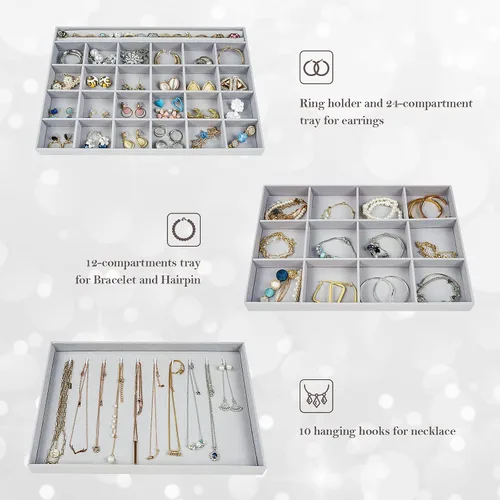Vista 2 de ProCase Juego de 3 bandejas apilables para joyas, organizador de cajones con juego de 2 bandejas de valet