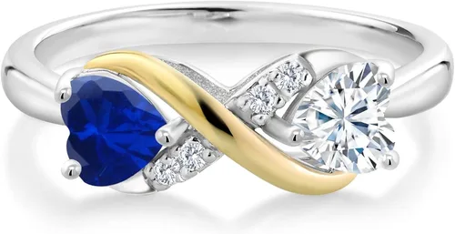 Vista 2 de Anillo de plata de ley 925 y oro amarillo de 10 quilates con forma de corazón azul creado y moissanita clásica para siempre de Charles & Colvard