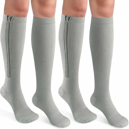 Vista 10 de CASMON 2 pares de calcetines de compresión con cremallera para mujeres y hombres, punta cerrada de 15 a 20 mmHg, calcetines de apoyo alto hasta