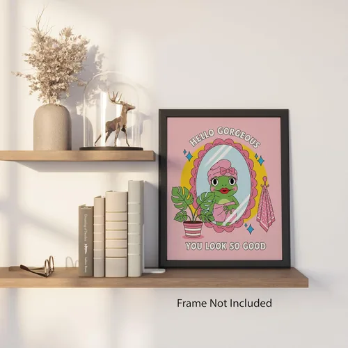 Vista 7 de Mirror Frog Says You Slay - Pink Frog Decor - Cute Bathroom Art for College Girls - Retro Bathroom Wall Art - Room Decor for Teens - Unframed 8x10