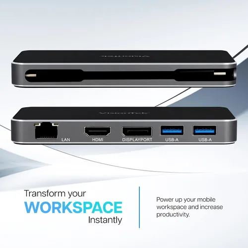 Vista 4 de VisionTek VT350 Hub portátil USB-C para monitor dual, 1 DP, 1 HDMI, 2 USB-A, 1 Ethernet, 1 USB-C para Windows/MacOS/ChromeOS/iOS Dual Display via