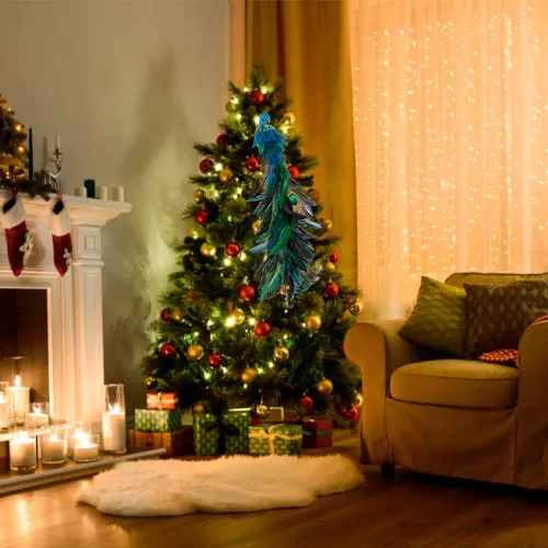 Vista 8 de Pájaros artificiales de pavo real con clip, decoraciones de árbol de Navidad de cola larga con plumas naturales, pájaros de espuma azul para Azul B