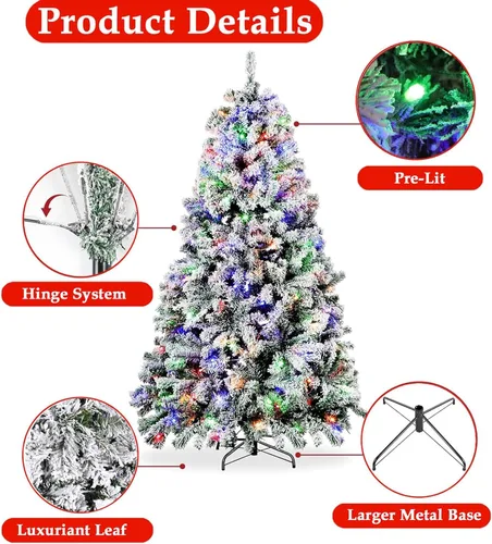 Vista 9 de Árbol de Navidad preiluminado de 6 pies con 250 luces LED de colores, árbol de Navidad artificial completo, 1000 puntas de ramas, con bisagras