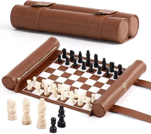 Vista 9 de Juego de ajedrez enrollable, tapete de ajedrez plegable de cuero de 11 pulgadas con piezas de ajedrez de madera, juego de ajedrez de viaje portátil