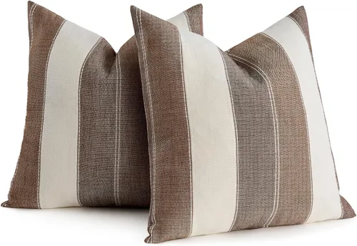Vista 14 de AmHoo - Juego de 2 fundas de almohada decorativas para casa de campo, a rayas y a cuadros, juego de fundas de almohada de algodón y lino para sofá