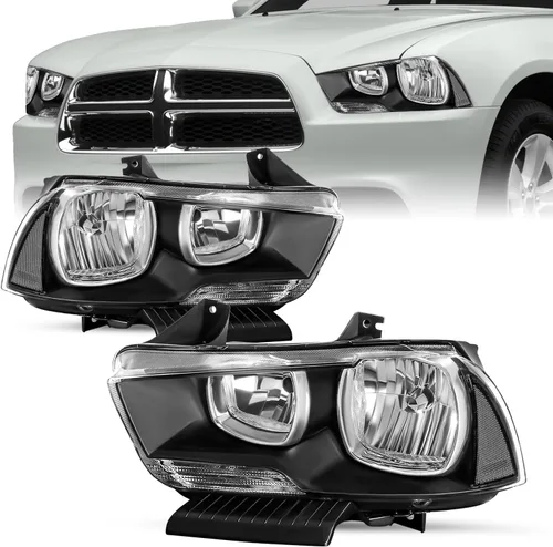 Vista 9 de SOCKIR Juego de montaje de faros delanteros compatible con Dodge Charger 2011 2012 2013 2014 Faro halógeno de repuesto negro con reflector ámbar