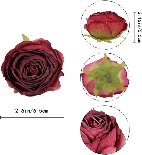 Vista 3 de IPOPU 25 cabezas de rosas artificiales, 25 cabezas de flores de seda secas a granel, flores de seda burdeos para ramo artificial, cabezas de flores