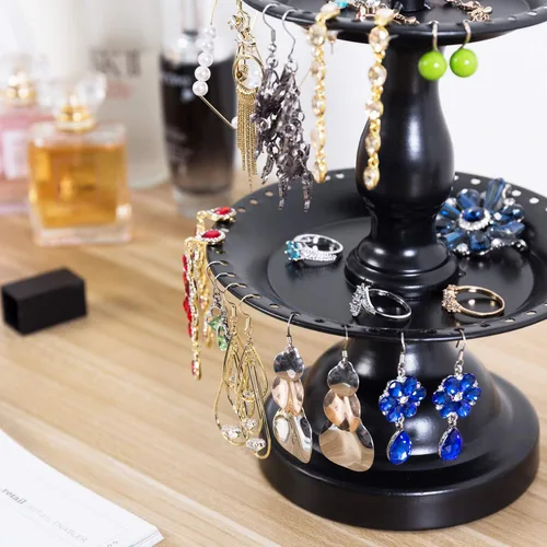 Vista 3 de MyGift Organizador de almacenamiento de aretes, árbol de joyería de metal, collar y colgante de pulsera, con bandeja de anillos de madera, soporte