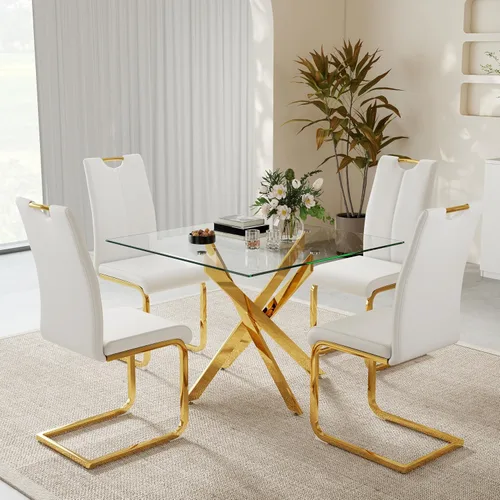Vista 11 de 36-Inch Square Glass Dining Table Set with 4 Faux Leather High-Back Chairs - Modern Metal Cross-Leg Table with Comfortable C-Leg Seats for Modern