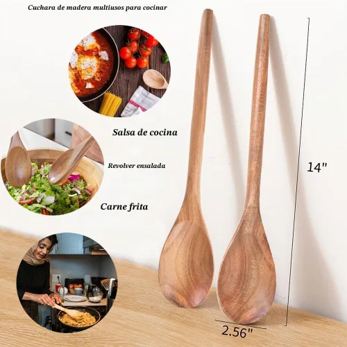 Vista 2 de 2 cucharas de madera de acacia para cocinar, cucharas de cocina de acabado liso de 14 pulgadas, cucharas de madera de agarre cómodo para cocinar