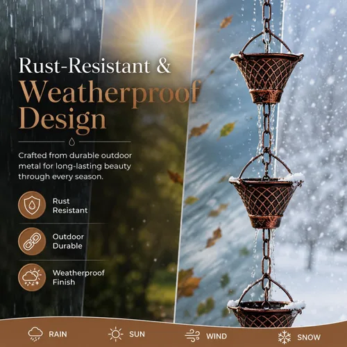 Vista 4 de Cadena de lluvia decorativa de 8.5 pies para canalones, cadena de agua de lluvia estilo copa rústica, cadena de drenaje de lluvia resistente al