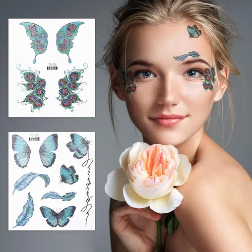Vista 5 de 14 hojas de tatuajes de mariposa con purpurina, calcomanías temporales, impermeables, mariposas, tatuajes, rostros, alas de purpurina, maquillaje