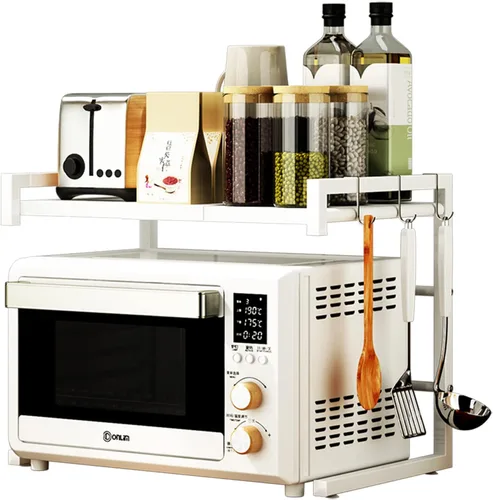 Vista 13 de PUSDON Estante para horno de microondas, estante ajustable resistente de 3 niveles con 3 ganchos para organizador de encimera de cocina