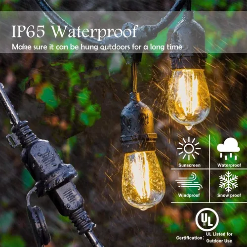 Vista 3 de Guirnalda de luces LED de 96 pies, IP65 impermeable, luces de patio al aire libre con 30 bombillas Edison inastillables, luces colgantes conectables