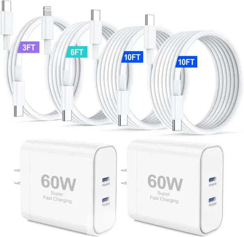 Vista 11 de Cargador para iPhone 17, 45 W de carga rápida USB C de doble puerto con cable de carga tipo C de 3/6/10/10 pies, adaptador rápido PD 3.0 para iPhone