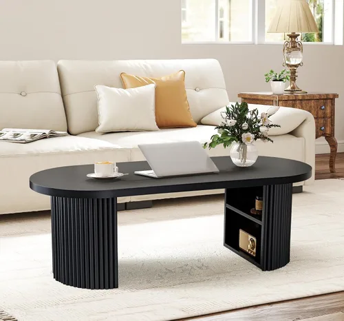 Vista 9 de Mesa de centro pequeña acanalada, mesa de centro de madera ovalada de estilo rústico de mediados de siglo, mesa central moderna estilo bohemio
