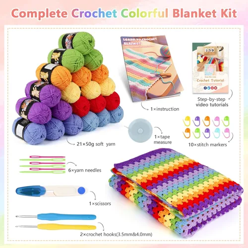 Vista 3 de Kit de manta de ganchillo Reessy para principiantes, kit de ganchillo fácil para principiantes adultos y niños con instrucciones paso a paso