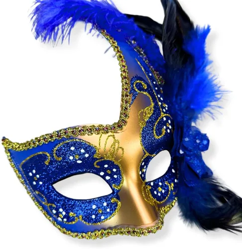 Vista 6 de Máscara de plumas burlesque, máscara de encaje de Mardi Gras para mujer, disfraz de plumas de pavo real, máscara de brocado veneciano