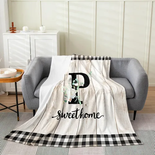 Vista 15 de Erosebridal Manta de franela de letras iniciales B, manta de vellón con letras ABC, 40 x 50 pulgadas, decoración rústica de granja, manta de felpa