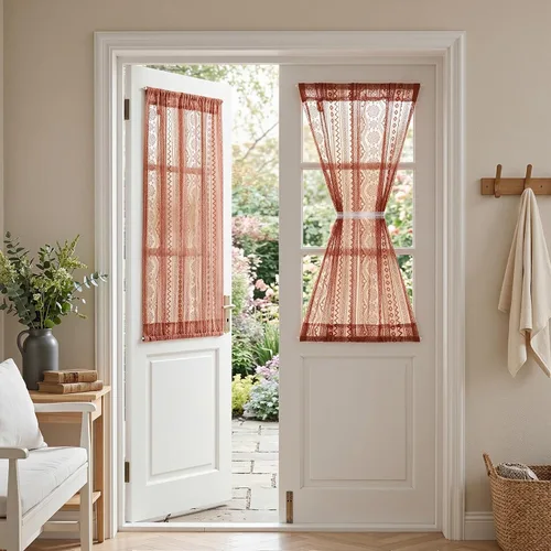 Vista 30 de MYSKY HOME Cortinas de encaje beige para puerta francesa de 40 pulgadas de largo, 2 paneles de cortinas florales bohemias transparentes para puerta
