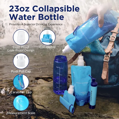 Vista 5 de Membrane Solutions Botella de agua plegable de 23 onzas, botella de agua plegable con mosquetón, sin BPA, a prueba de fugas para viajes, camping