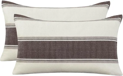 Vista 14 de AmHoo - Juego de 2 fundas de cojín de lino para sofá, estilo casa de campo, con diseño de rayas, decoración estilo Buffalo retro, con cremallera