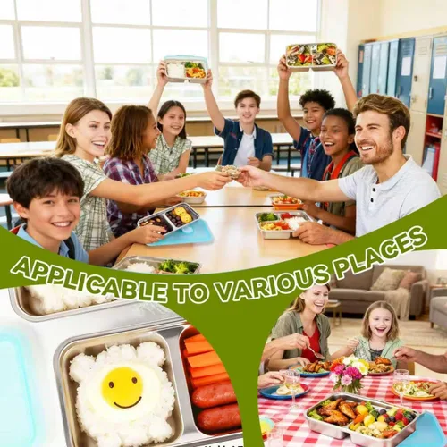 Vista 5 de 2 recipientes de acero inoxidable con tapas, reutilizables, de doble compartimento, para almuerzo y condimentos, para preparación de comidas
