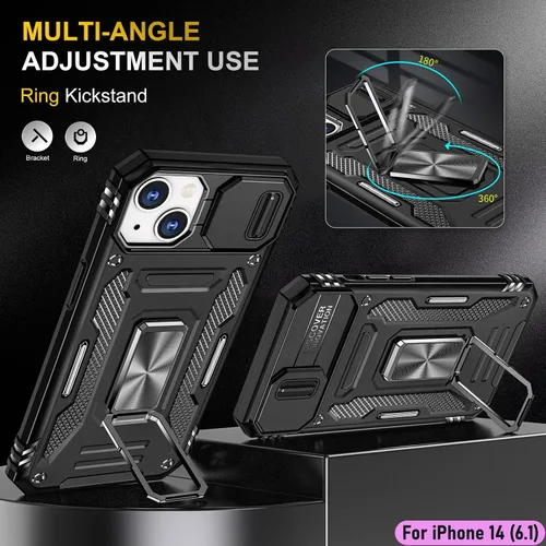 Vista 5 de Funda resistente para Apple iPhone 14, protección híbrida de goma de doble capa de grado militar con protector de cámara deslizante, soporte Negro