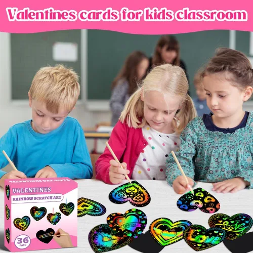 Vista 4 de MDCGFOD Paquete de 36 regalos para el día de San Valentín para niños, cuna de corazón para arañar arco iris, manualidades de San Valentín