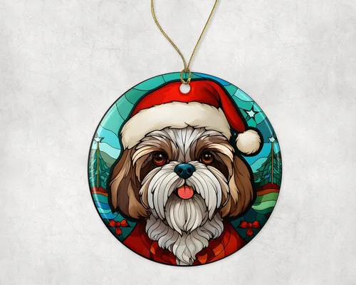 Vista 3 de Shih Tzu - Adorno de cerámica de vitrales de Navidad, adorno colgante para árbol de Navidad, adorno de vitral de perro, adorno religioso