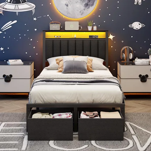 Vista 9 de Furnulem Bases de Cama Individual con Estación de Carga y Luces LED, Cabecero Tapizado Gris con Estantes, Cama de Plataforma de Metal con 2