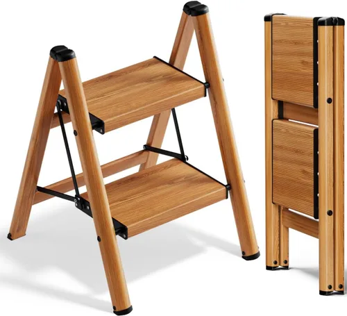 Vista 13 de SOLADDER Escalera de 3 escalones, taburete plegable ligero, grano de madera Woodgrain