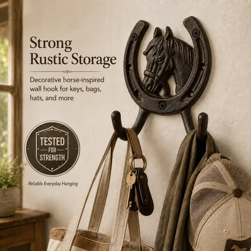 Vista 6 de Comfy Hour - Ganchos de caballo de 5 pulgadas para pared, soporte para Ganchos de pelo de cabeza de caballo de hierro negro, ganchos occidentales