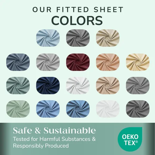Vista 7 de Feather & Stitch - Sábana bajera ajustable de 100 % algodón, tejido satén de damasco, transpirable a rayas, sábana elástica para colchón de 18