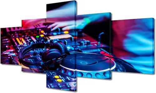 Vista 23 de Lienzo decorativo para pared, diseño de DJ Music Mixes the Track HD impreso en pinturas, 5 piezas de imágenes abstractas para sala de estar, obra