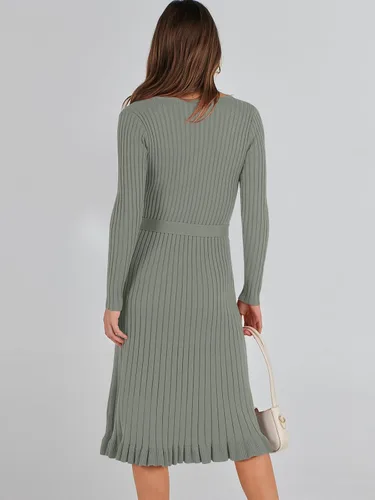 Vista 4 de ANRABESS Vestido tipo suéter de manga larga con cuello en V para mujer, plisado, ajustado, acanalado, de punto, con cinturón
