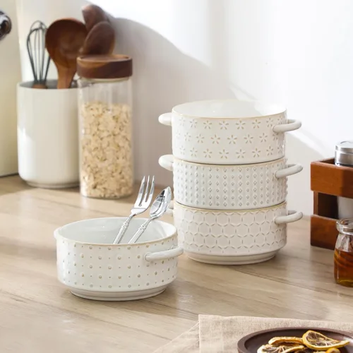 Vista 8 de MALACASA Juego de 4 cuencos de cerámica de 20 oz con asas – Cuencos de sopa de cebolla francesa aptos para horno y microondas, patrones únicos