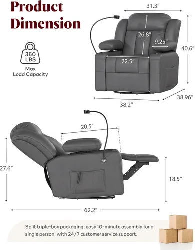 Vista 2 de Silla reclinable giratoria eléctrica con reposabrazos ajustables Gris