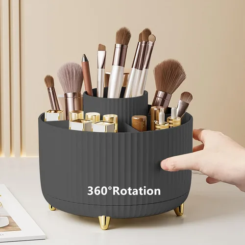 Vista 10 de Organizador de brochas de maquillaje giratorio de 360 grados, diseño desmontable, 5 ranuras, para cosméticos y lápices, organizador para escritorio