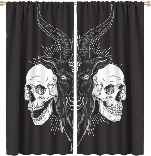 Vista 39 de BAEKJIN Cortinas de cabeza de cabra, diseño de calavera malvada, bruja, símbolo misterioso, bolsillo para barra, cortinas opacas para ventana, juego