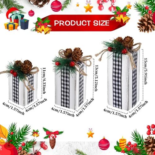 Vista 3 de Glenmal 3 piezas de centros de mesa de Navidad, cajas de regalo de madera de Navidad decoradas con arco de cinta, bloques de regalo rústicos