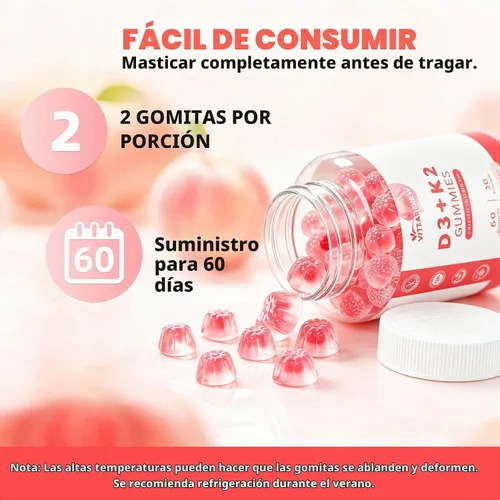 Vista 7 de Gomitas de vitamina D3 K2, 60 unidades, paquete de 2, sabor a melocotón