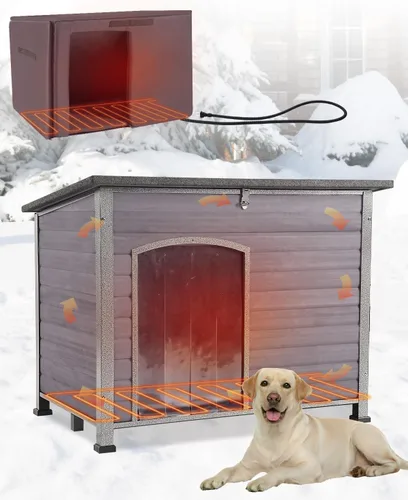 Vista 9 de Casa para perros climatizada al aire libre con almohadilla térmica resistente a la intemperie para perros con marco de hierro antimasticación